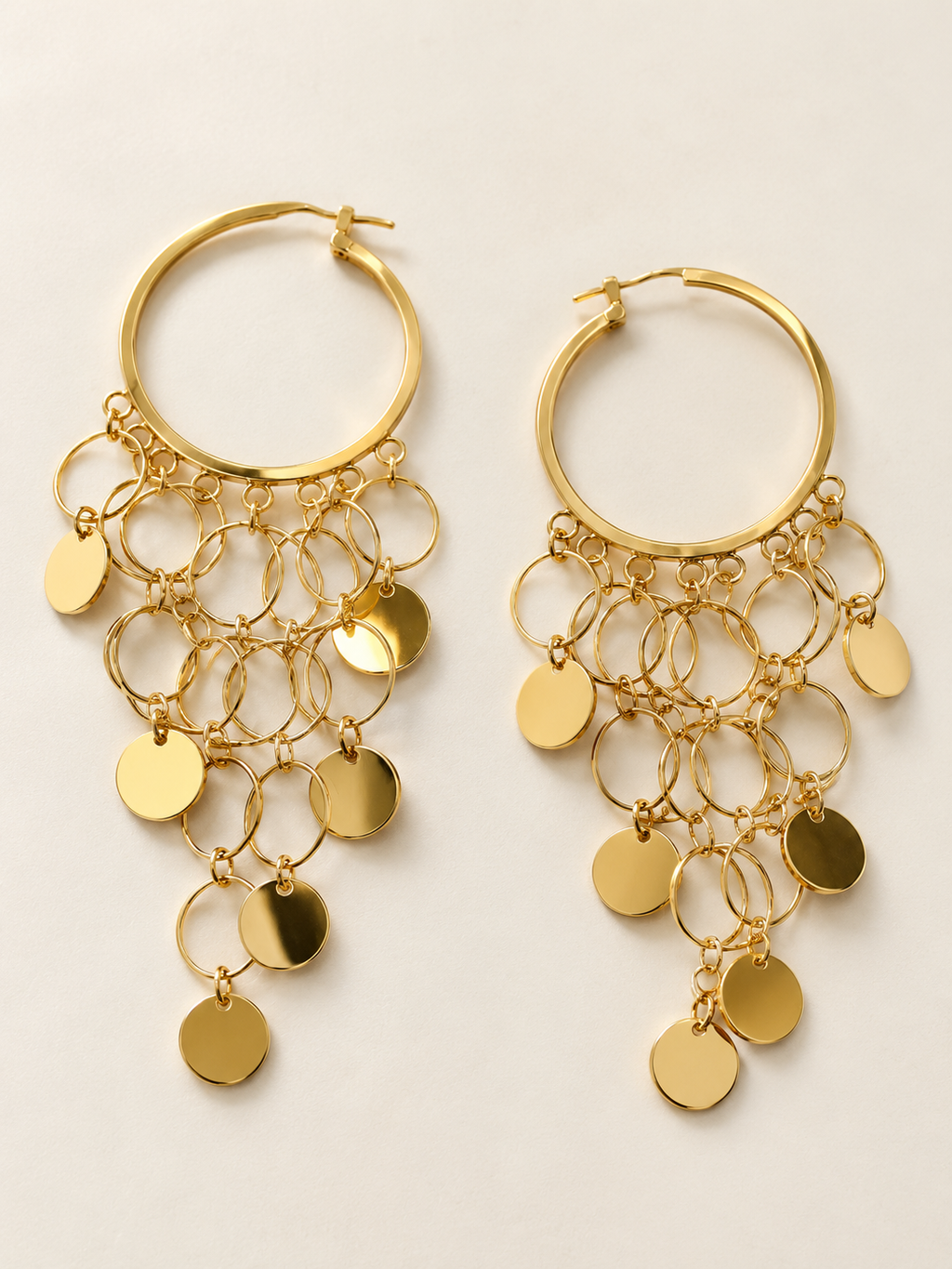 The Colette Cascade Hoops | Gold Chandelier Hoop Earrings — Cascading Coin Disc Statement Hoops