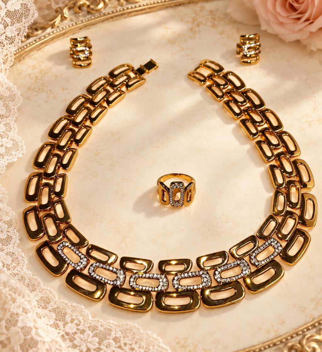 The Élodie Statement Set | Gold Link Jewelry Set for Women — 4-Piece Necklace, Bracelet, Earrings & Ring with Crystal Accents