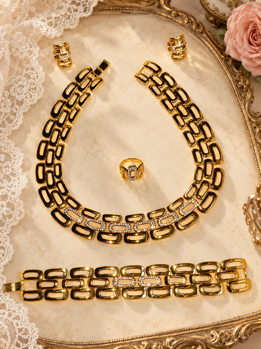The Élodie Statement Set | Gold Link Jewelry Set for Women — 4-Piece Necklace, Bracelet, Earrings & Ring with Crystal Accents