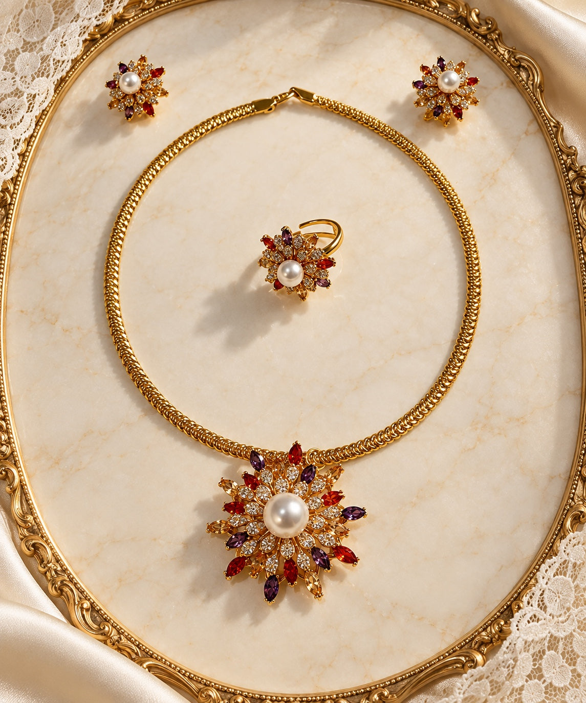 Jardin de Mimi floral pearl jewelry set flat lay