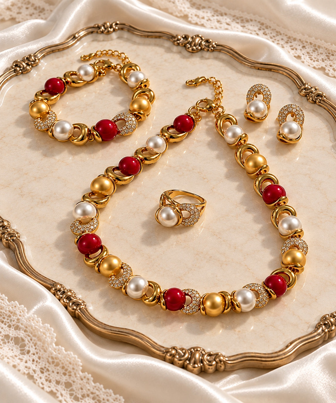 Rouge Élégance jewelry set close flat lay