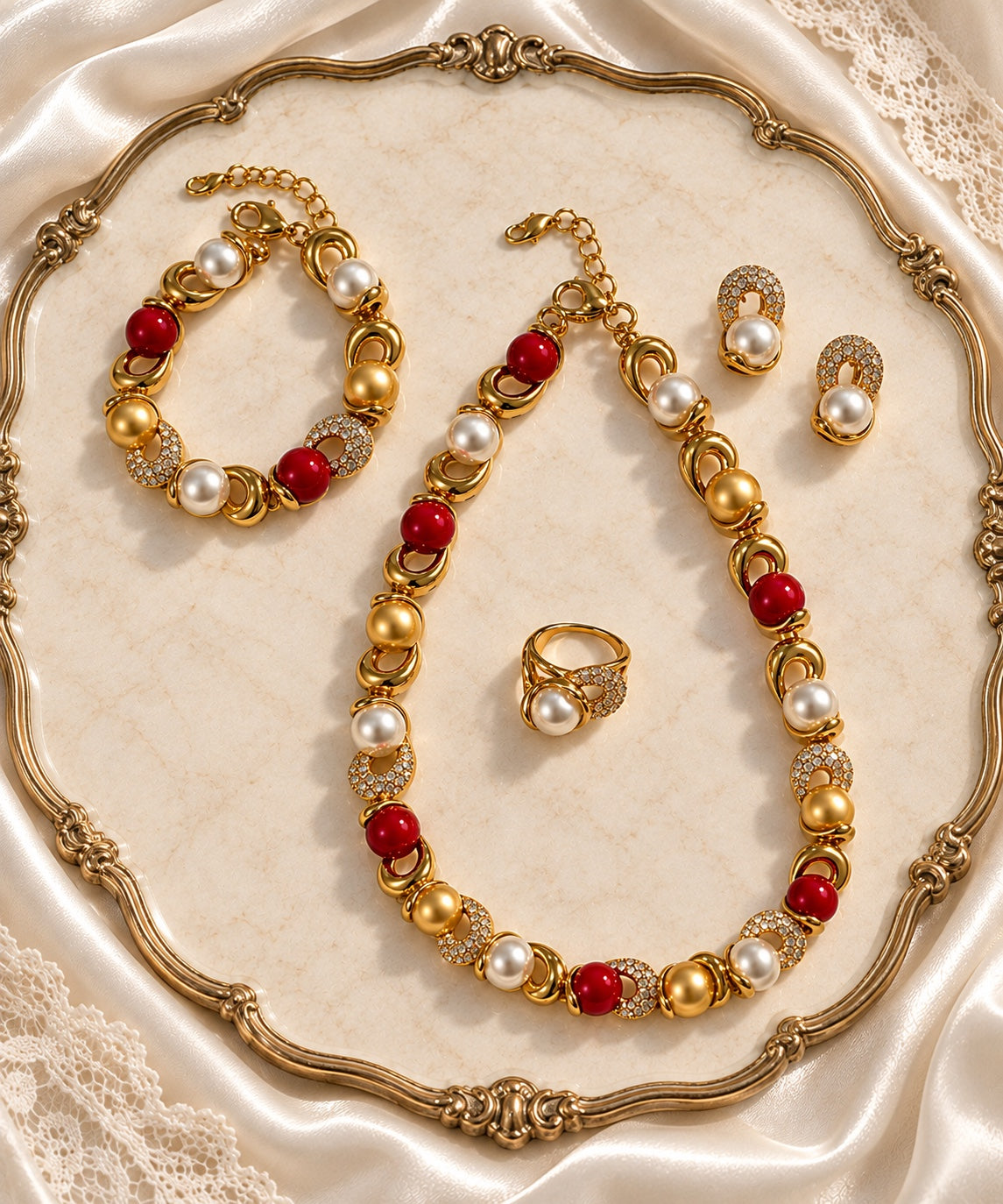 Rouge Élégance necklace bracelet earrings and ring set