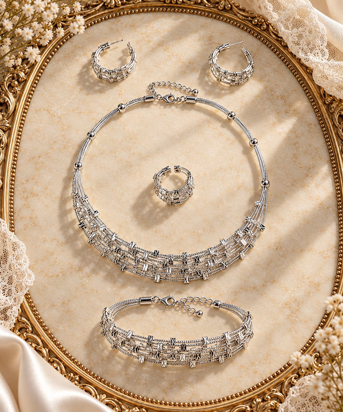 Camille Silver necklace bracelet earrings and ring set