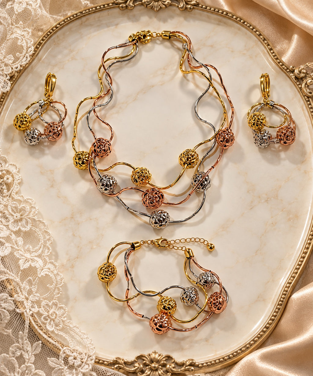 Rosalie Tricolor necklace bracelet and earrings set